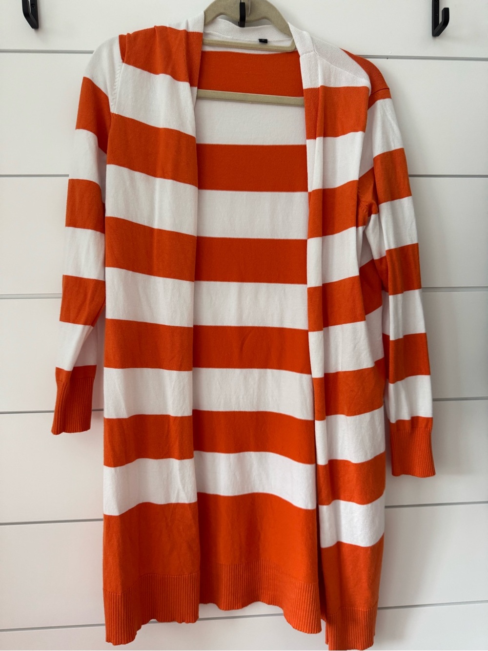 Striped Open-Front Women’s Cardigan Sweater / Duster in Orange and White